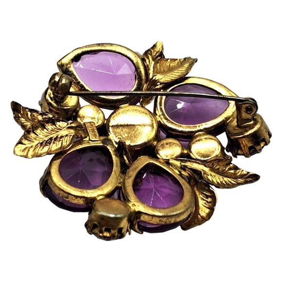 Austria Rhinestone Brooch Pink Purple Gold Tone Leaves Pin Vintage Costume Jewel - Picture 8 of 11